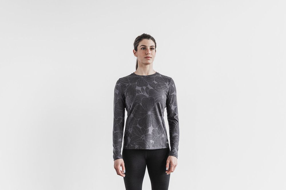 NOBULL Women's Long Sleeve Tee - Charcoal Hibiscus - Ireland (7134FWCBT)